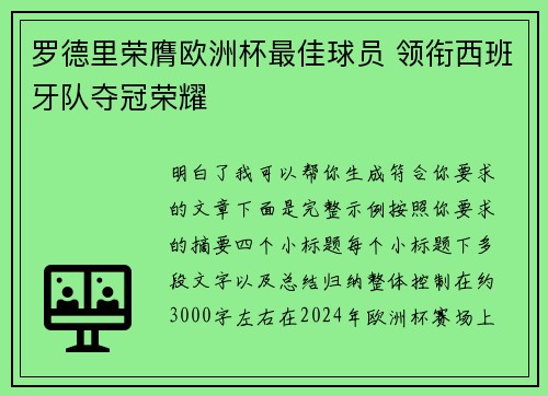 罗德里荣膺欧洲杯最佳球员 领衔西班牙队夺冠荣耀