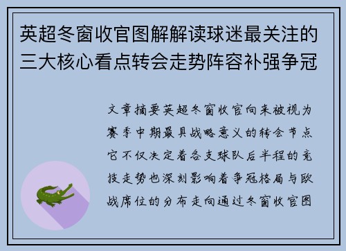 英超冬窗收官图解解读球迷最关注的三大核心看点转会走势阵容补强争冠